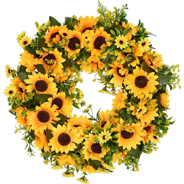 Artificial Sunflower Wreath for Front Door 17 Inch All Year Around Flower Green Leaves for Home Party Indoor Outdoor Window Wall Decor and Wedding Decorative. 